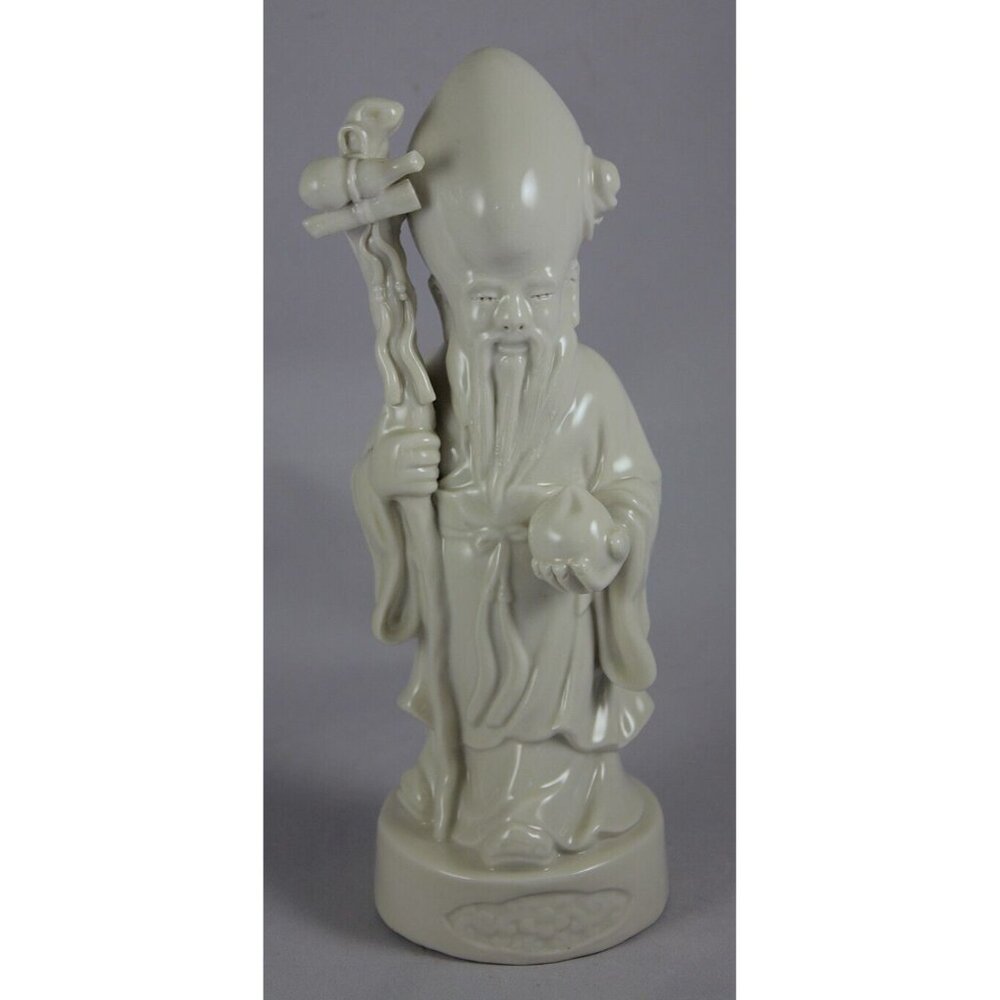 Vtg Sau Shou Chinese God of Longevity w/Staff & Peach White Porcelain 9-1/4"
